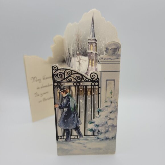 Vintage Christian Christmas Greeting Card Foldout Snow Churchyard Scene Made USA - Picture 2 of 8